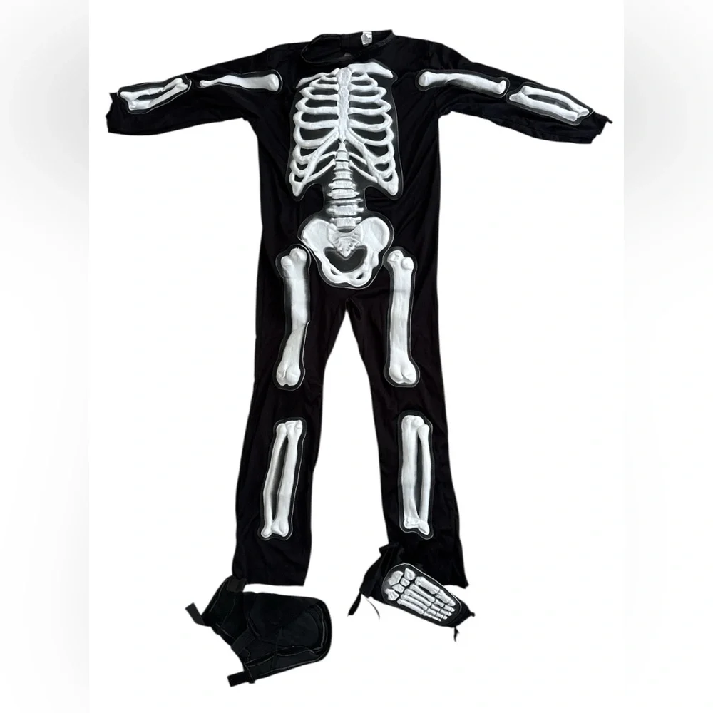 Kids Skeleton Halloween Costume Black White Bones Outfit w/ Boot Covers M 8-10‎